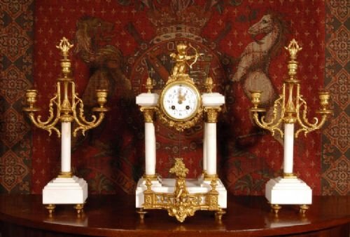 **** Sold **** Gilt Mounted White Marble Portico Clock Set  ~ a D Mougin ~